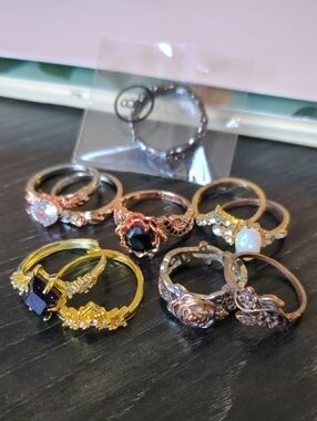 Mixed Metal Floral & Gemstone Women's Ring Set - Gold, Rose Gold, Silver